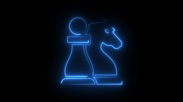 Neon chess pieces pawn and knight glowing blue outline animation