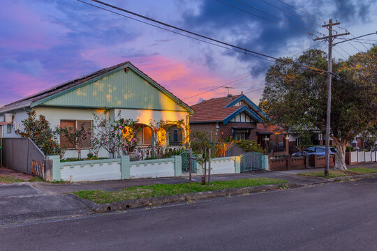Suburban residential Brick house Terracotta Roof at Sunset in Sydney NSW Australia