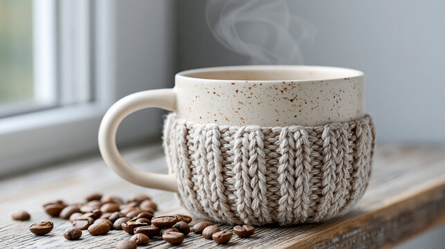 International Coffee Day. Coffee cup with knitted sleeve resting on wooden table beside scattered coffee beans, steam rising from the hot beverage in a cozy indoor setting