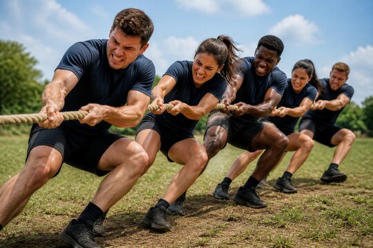Team pulling rope competing in tug of war on grassy field