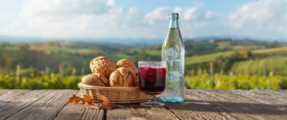 Obraz premium Basketh of Fresh Bread and Glass of Red Drink on Wooden Table with Scenic Vineyard Background