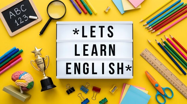 Lightbox with the text lets learn english surrounded by colorful school supplies like pencils markers a globe a trophy and a chalkboard on yellow background