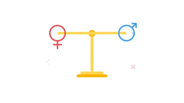 Gender equality balance scale symbol with female and male icons on yellow stand