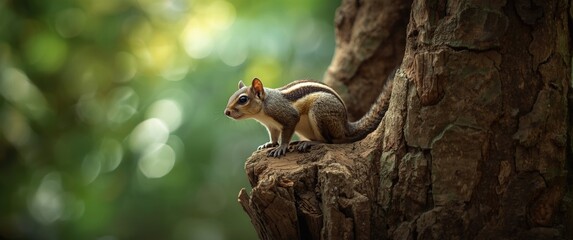 Obraz premium Squirrel Sitting on a Tree Bark in Soft Nature Light