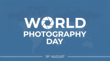 Fototapeta premium World photography day celebration graphic with camera shutter icon and world map background