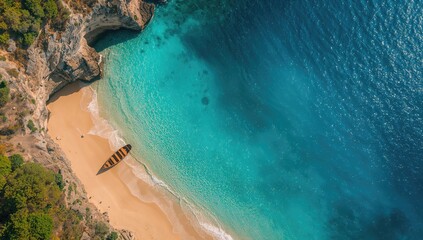 Fototapeta premium Aerial View of a Secluded Beach with a Wooden Boat in Turquoise Water