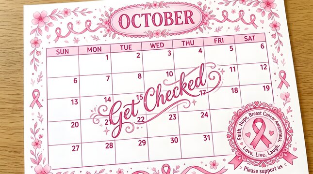 Hand drawn calendar page for october promoting breast cancer awareness month with the inspirational message to get checked for health