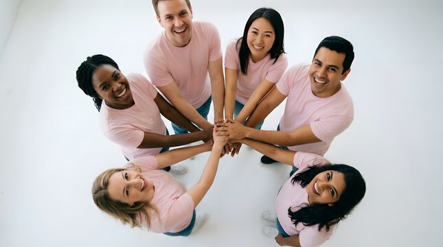 Diverse group of volunteers wearing pink shirts joining hands together in support of breast cancer awareness month in a studio