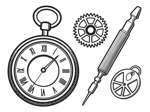 Four watchmaking objects pocket watch, tiny gear, winding key, and precision screwdriver. Solid black monochrome vector artwork on white, carefully aligned four-object arrangement, clean geometric 