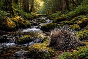 Obraz premium Porcupine Resting by a Stream in a Mossy Forest at Sunrise
