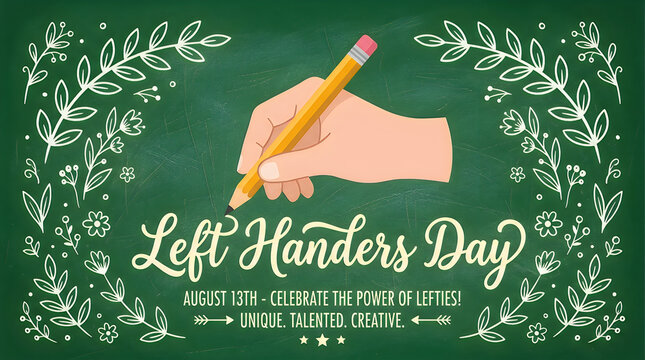 Left handers day celebration banner with a hand holding a pencil on a green chalkboard background with floral decorations