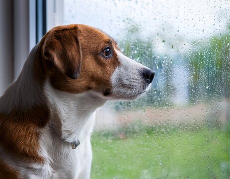 dog looks out the window during a rainstorm while waiting inside the house