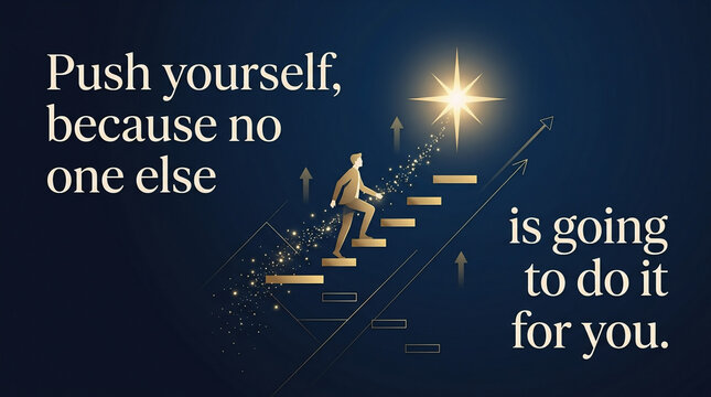 Premium 3D render illustration showing a golden figure climbing stairs toward a shining star with motivational text 'Push yourself, because no one else is going to do it for you'.