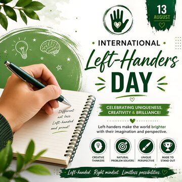 International left-handers day social media graphic featuring a person writing in a notebook to celebrate left-handed uniqueness and creativity