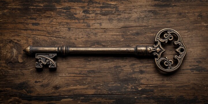Antique Skeleton Key on Rustic Wooden Surface