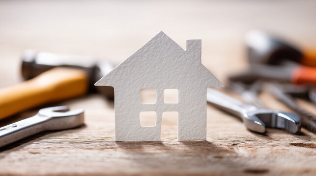 Paper house model surrounded by repair tools on wooden table, symbolizing home renovation, maintenance, construction, remodeling and property improvement services.