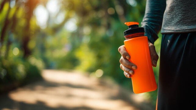 Close-up of an athlete holding a bright sports water bottle on a forest trail, representing hydration, healthy lifestyle, fitness, endurance training, and outdoor exercise.