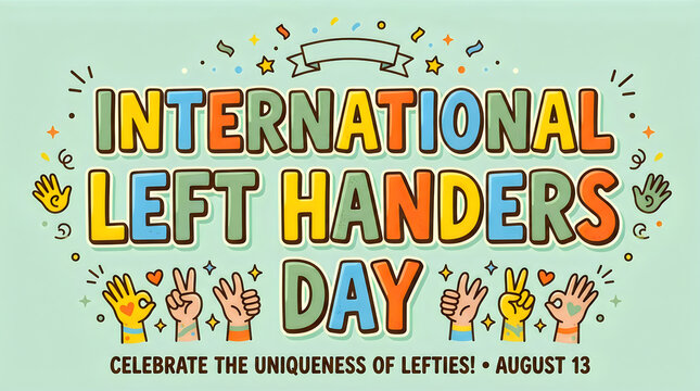 International left handers day celebration graphic with colorful text and hand gestures on a light green background