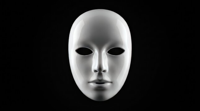 Minimalist white mask on black background for horror and mystery themes. Abstract face covering ideal for Halloween, anonymity, and theatrical desi...