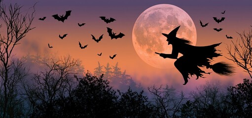 Fototapeta premium Under a glowing full moon, a witch soars above a haunted forest with bats on Halloween night.
