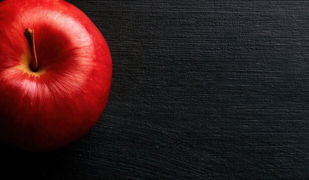 A vibrant red apple rests on a dark, textured surface, creating a striking contrast