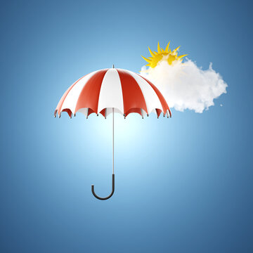 Umbrella with cloud with sun on blue background