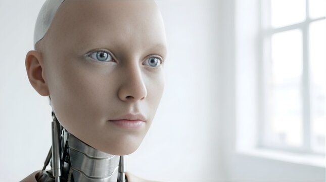 Humanoid robot female android portrait in modern minimalist studio