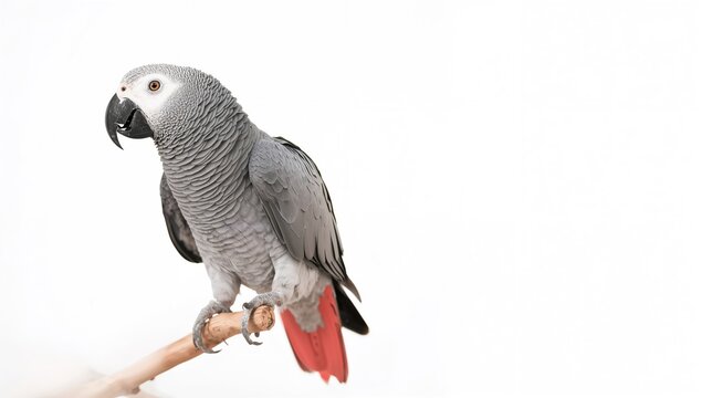 African Grey Parrot Perched on a Branch with White Background