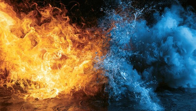 Vibrant clash of fiery flames and cascading blue water splashes
