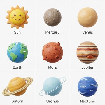 Solar system planets in 3x3 grid layout. Educational space model with sun and planets.
