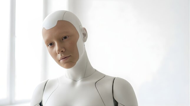 Humanoid robot head looking down against a bright white background