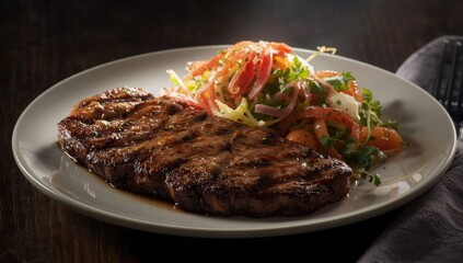 Fototapeta premium Grilled Steak Served with Fresh Salad on a White Plate