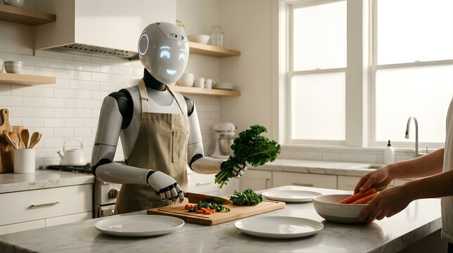 Robot chef preparing fresh green vegetables in bright modern kitchen