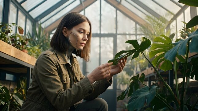 Cyborg woman examining lush green plants in modern glass greenhouse