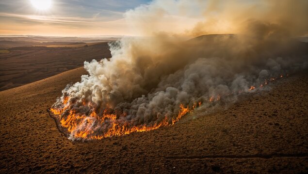 Controlled Burn Producing Smoke and Flames on a Hillside at Sunset
