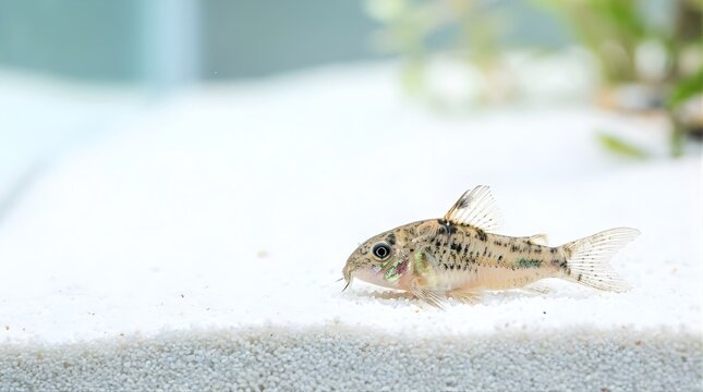 Small Corydoras catfish swimming on white sand at the bottom of aquarium