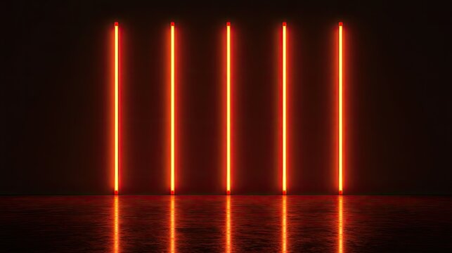 Five glowing vertical orange neon lights on a dark, reflective surface
