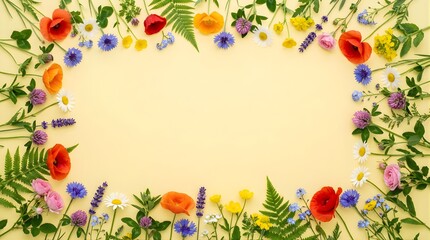 Fototapeta premium Spring wildflower frame with colorful floral arrangement on yellow background