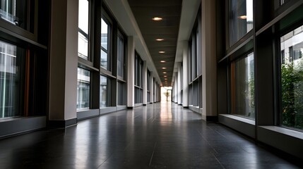 Fototapeta premium A long modern hallway with large on both sides and polished dark floor reflecting overhead lights