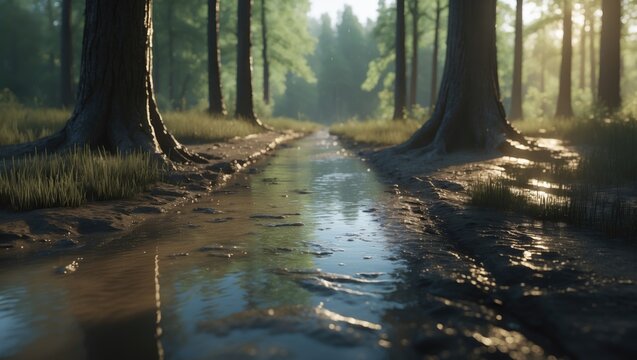 Serene Forest Path with Calm Water Reflection and Soft Morning Light