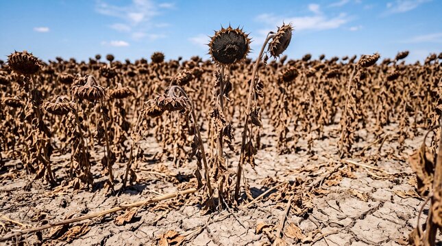 Withered dry sunflower field suffering from severe climate drought on cracked earth.