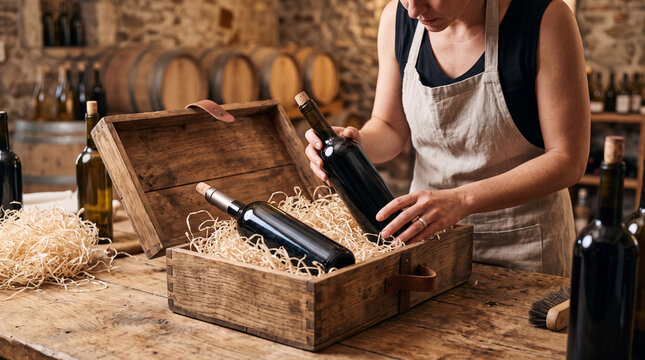 Winemaker in apron carefully packing dark glass wine bottles into rustic wooden crate with straw in traditional cellar.