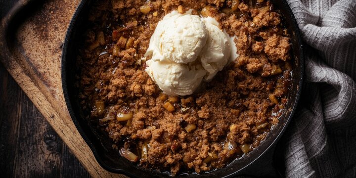 Fresh Apple Crisp Topped with Vanilla Ice Cream in a Cast Iron Skillet