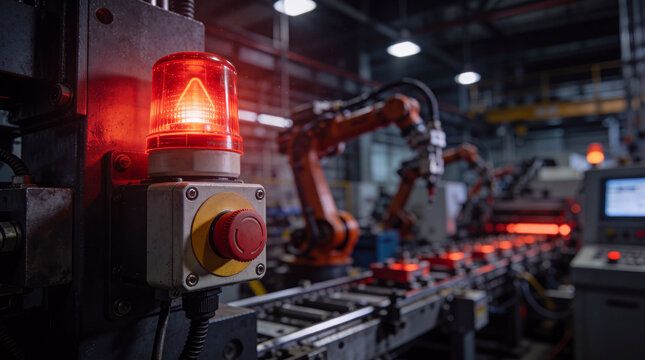 Red emergency warning light flashing on automated machinery line in modern industrial factory.