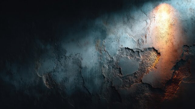 Textured wall shows dramatic lighting and cracked surface, with dark shadows and warm glow