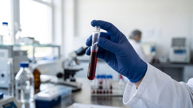 Gloved hand holding test tube filled with blood sample for analysis in modern laboratory.