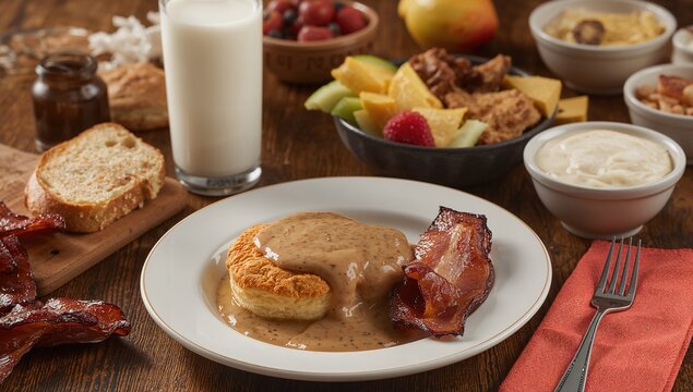 Hearty Breakfast Plate with Biscuits Gravy Bacon and Fresh Fruit on Wooden Table