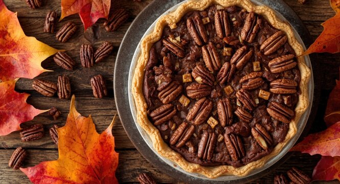 Pecan Pie Surrounded by Autumn Leaves and Nuts on Rustic Wooden Table