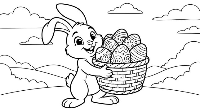 Cheerful easter bunny carrying basket full of decorated eggs line art for coloring.