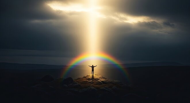 Silhouetted figure standing under divine light and rainbow.